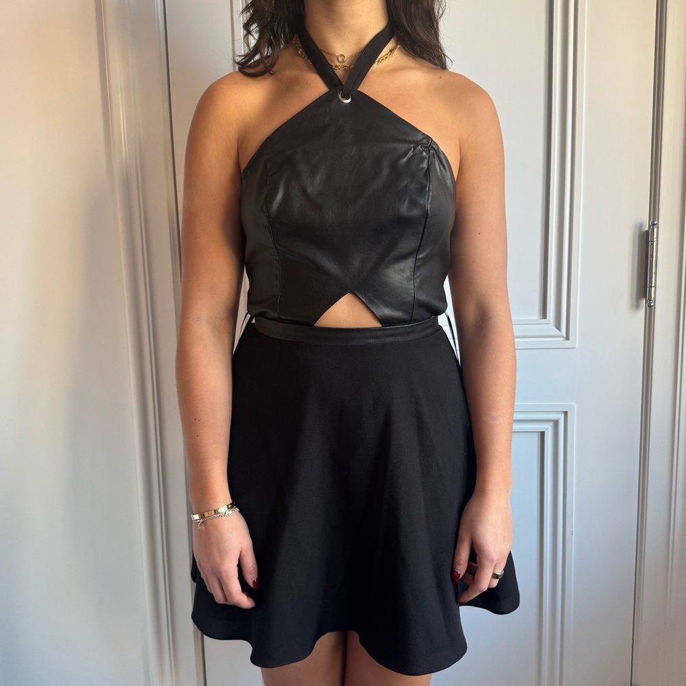 NBD x Naven Black Leather Halter Cutout Mini Dress – Size Medium